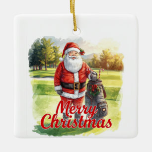Ornamento De Cerâmica Feliz Natal de Golfe com o Papai Noel