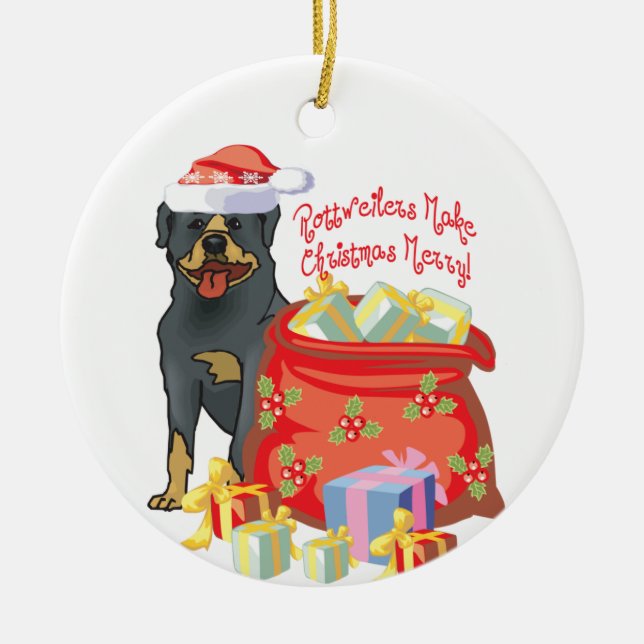 Ornamento De Cerâmica Feliz Natal de Rottweiler (Frente)