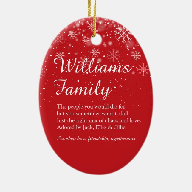 Ornamento De Cerâmica Feliz Natal Definição de Família Flocos de Neve (Verso)