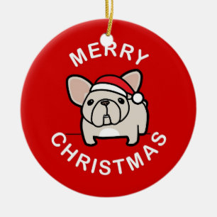 Ornamento De Cerâmica Feliz Natal do papai noel de creme Frenchie -