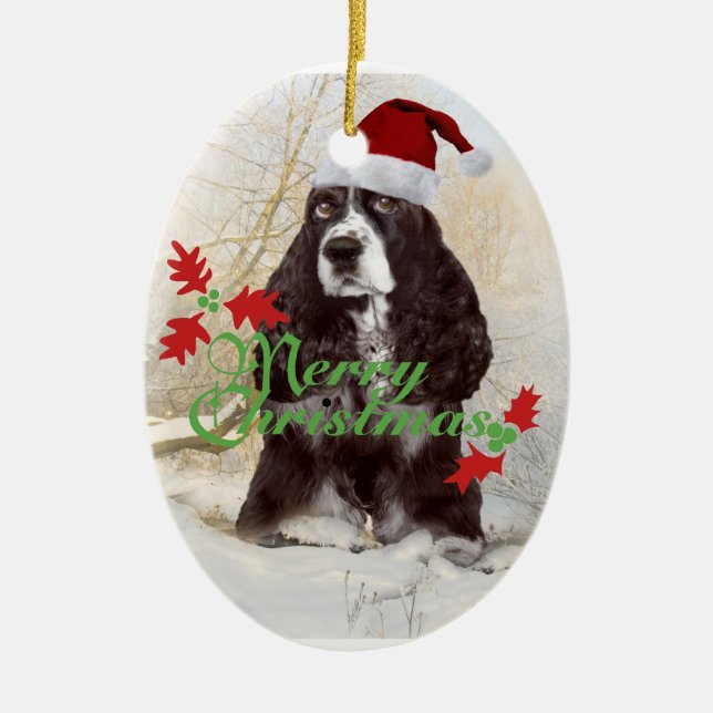 Ornamento De Cerâmica Feliz Natal do Spaniel de Springer inglês (Frente)