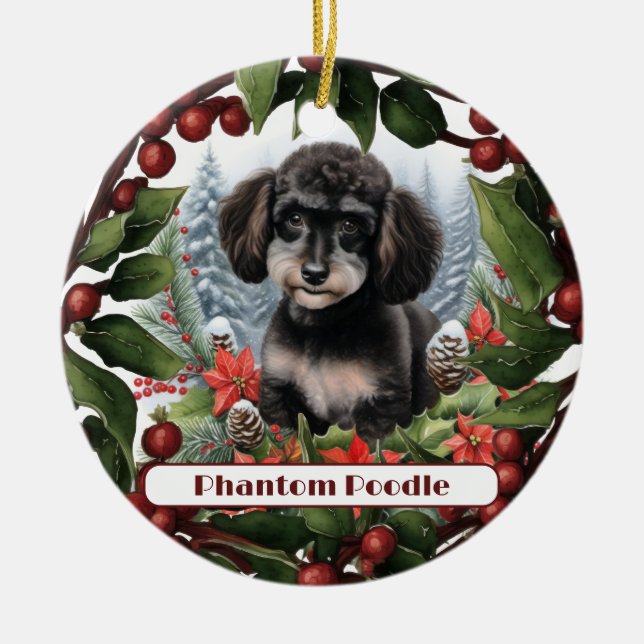 Ornamento De Cerâmica Feliz Natal do Teacup Phantom Poodle (Frente)