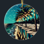 Ornamento De Cerâmica Feliz Natal dos Pássaros Neves dos Eua<br><div class="desc">Arte bonito e romântica costeira de Ai,  que representa uma fila de palmeiras com luzes brancas iluminadas sobre elas. Uma bonito reflexão sobre a praia e as ondas arenosas.</div>