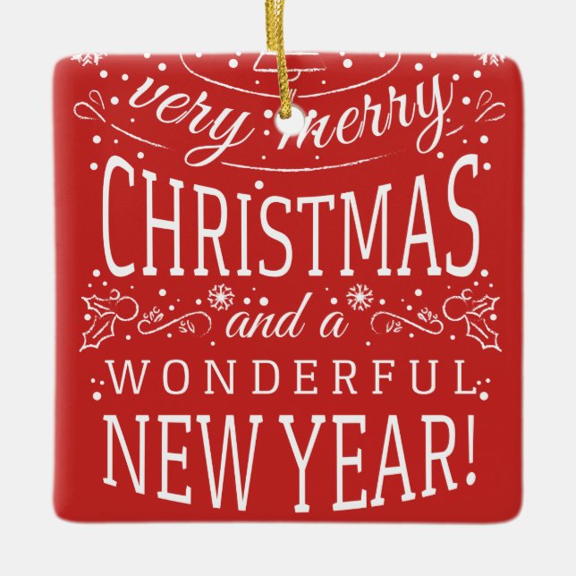 Ornamento De Cerâmica Feliz Natal e Monograma de Fotos de Ano Maravilhos (Frente)