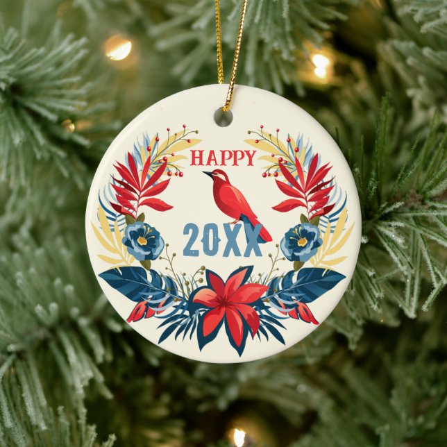 Ornamento De Cerâmica Feliz Natal e um Feliz Ano Novo! 2025 Pássaro Verm (Árvore)