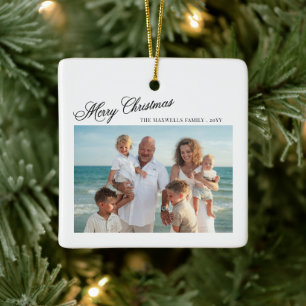 Ornamento De Cerâmica Feliz Natal Elegante Foto da Família em Script