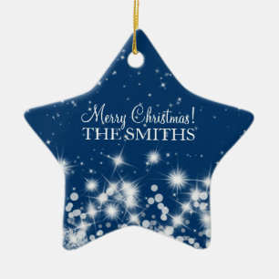 Ornamento De Cerâmica Feliz Natal Elegante Inverno Sparkle Royal Blue