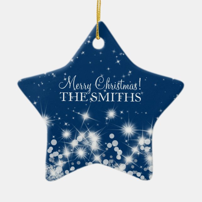 Ornamento De Cerâmica Feliz Natal Elegante Inverno Sparkle Royal Blue (Frente)