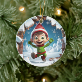 Ornamento De Cerâmica Feliz Natal Elf aproveitando o inverno.