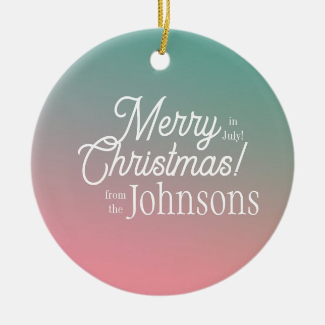 Ornamento De Cerâmica Feliz Natal em julho, Boca Verde Rosa (Frente)