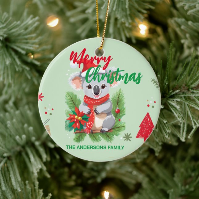 Ornamento De Cerâmica Feliz Natal Engraçado Koala Papais noeis vermelho  (Árvore)