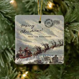 Ornamento De Cerâmica Feliz Natal Entrega por Papais noeis Sleigh (perso