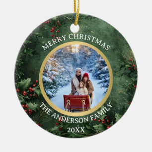 Ornamento De Cerâmica Feliz Natal Família de Cerâmica com Azevinho e Bag