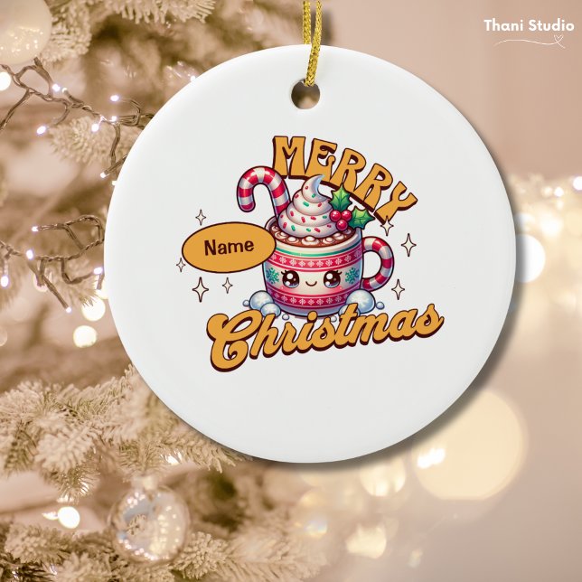 Ornamento De Cerâmica Feliz Natal Família de Mug de Chocolate Quente Bon (Criador carregado)