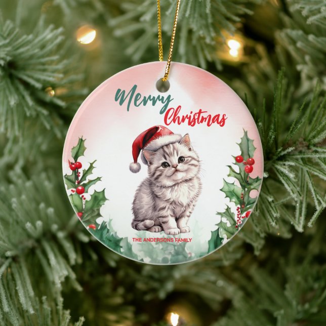Ornamento De Cerâmica Feliz Natal Feliz Gato de Gato Bonito (Árvore)