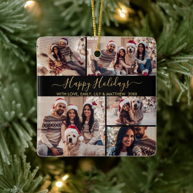 Ornamento De Cerâmica Feliz Natal Feriados Dourados Fotografia Preta Nat (Árvore)
