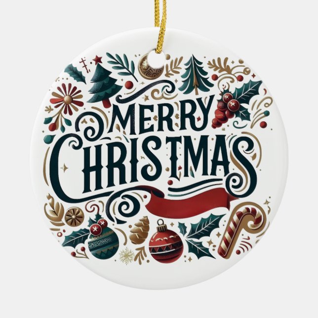 Ornamento De Cerâmica Feliz Natal Festivo e Cordial (Frente)