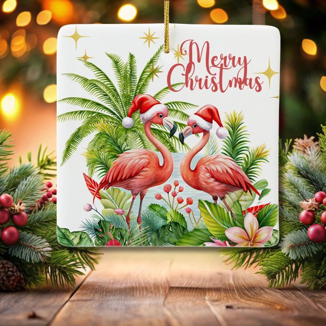 Ornamento De Cerâmica Feliz Natal Flamingo Ornament (Criador carregado)