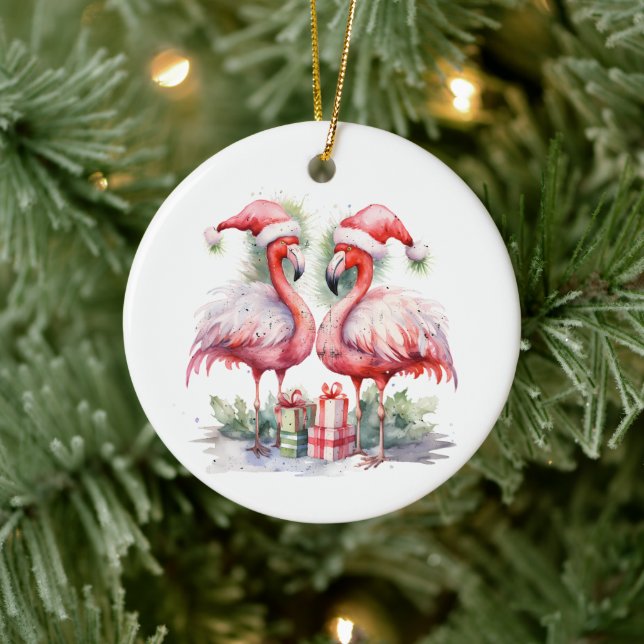 Ornamento De Cerâmica Feliz Natal Flamingos Rosa (Árvore)