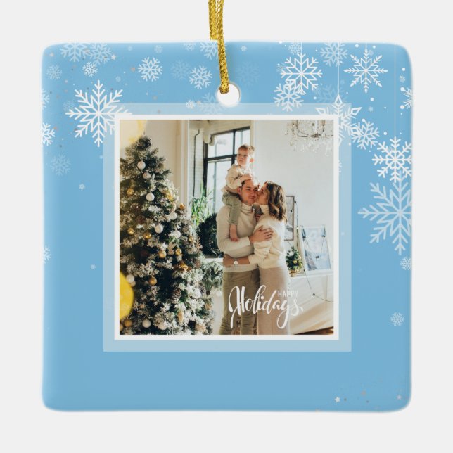 Ornamento De Cerâmica Feliz Natal, flocos brancos de neve, vermelho (Frente)