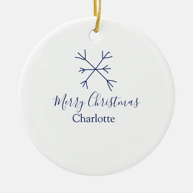 Ornamento De Cerâmica Feliz Natal flocos de neve azuis adicionam nomes d (Frente)