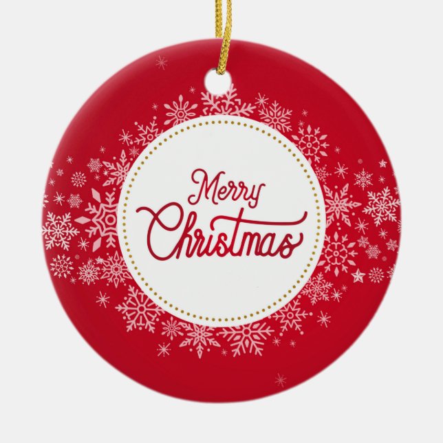 Ornamento De Cerâmica Feliz Natal Flocos de Neve Vermelha Festivos (Frente)