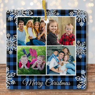Ornamento De Cerâmica Feliz Natal Flocos de Neve Xadrez Azul 4 Fotos 