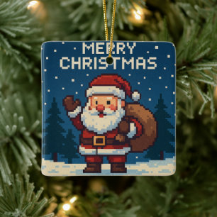 Ornamento De Cerâmica Feliz natal fofo em arte pixel