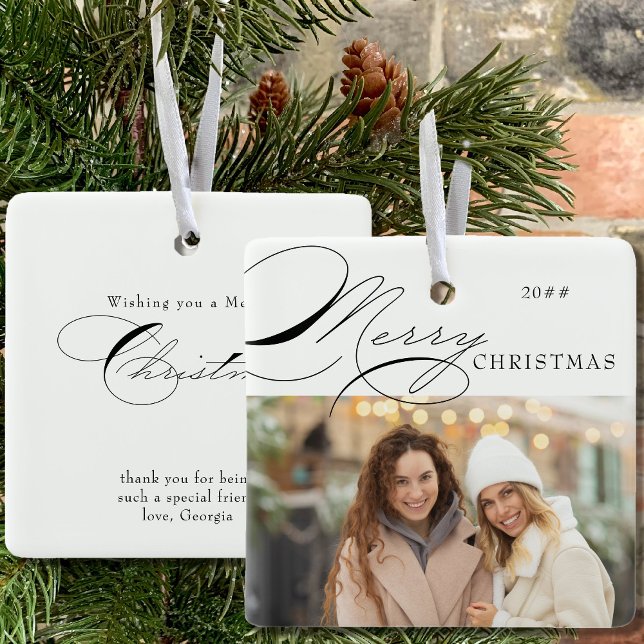 Ornamento De Cerâmica Feliz Natal Foto e Caligrafia Elegante (Criador carregado)