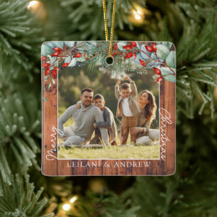 Ornamento De Cerâmica Feliz Natal Foto e Watercolor Holly Wood