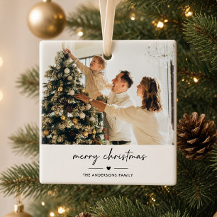 Ornamento De Cerâmica Feliz Natal Foto Personalizada da Família Moderna