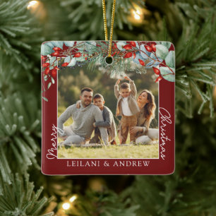 Ornamento De Cerâmica Feliz Natal Foto & Watercolor Holly Burgundy