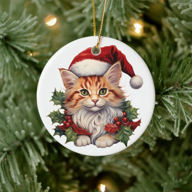 Ornamento De Cerâmica Feliz Natal Gatinho em Santa Hat e Holly (Árvore)