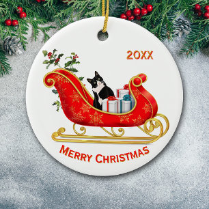 Ornamento De Cerâmica Feliz Natal Gato Branco Negro Engraçado