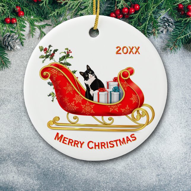 Ornamento De Cerâmica Feliz Natal Gato Branco Negro Engraçado (Criador carregado)