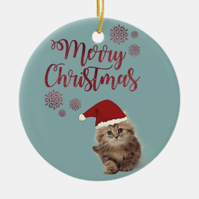 Ornamento De Cerâmica Feliz Natal, Gato com Papai Noel (Frente)