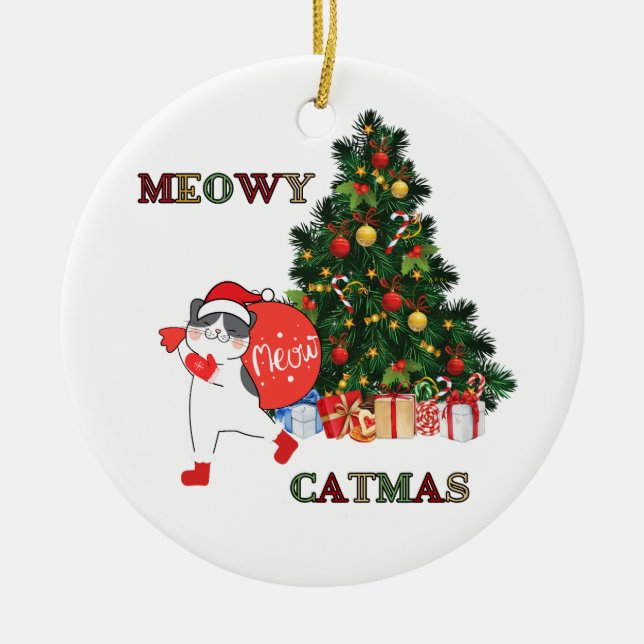 Ornamento De Cerâmica Feliz Natal Gato Meowy Catmas (Frente)