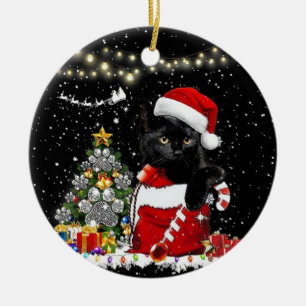 Ornamento De Cerâmica Feliz Natal Gato Negro