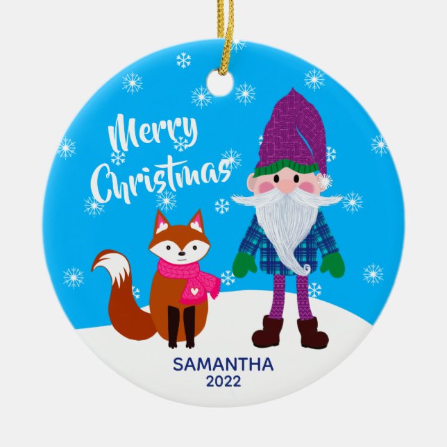 Ornamento De Cerâmica Feliz Natal Gnomo Fox Personalizado (Frente)