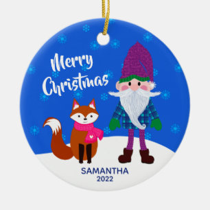Ornamento De Cerâmica Feliz Natal Gnomo Fox Snowflakes Azul