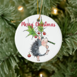 Ornamento De Cer&#226;mica Feliz Natal Holly Hedgehog
