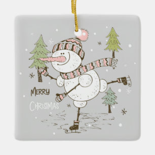 Ornamento De Cerâmica Feliz Natal Ice Skating Snowman