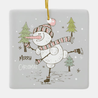 Ornamento De Cerâmica Feliz Natal Ice Skating Snowman