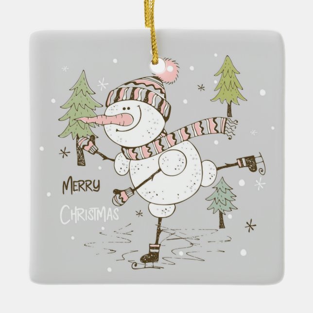 Ornamento De Cerâmica Feliz Natal Ice Skating Snowman (Frente)