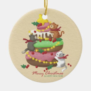 Ornamento De Cerâmica Feliz Natal: Ilustração de Gatos e Doces