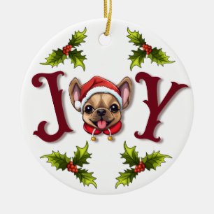 Ornamento De Cerâmica Feliz Natal Joy Bonito Bulldog Francês Holly