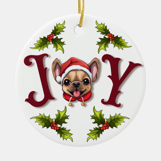 Ornamento De Cerâmica Feliz Natal Joy Bonito Bulldog Francês Holly (Frente)