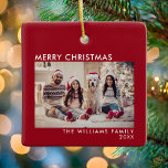 Ornamento De Cerâmica Feliz Natal Moderno Feriado Vermelho<br><div class="desc">Foto de Natal Moderno Feliz Natal,  apresenta fontes simples e mínimas Feliz Natal. Personalize com seu nome de família e ano.</div>