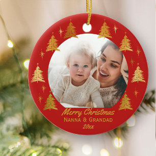 Ornamento De Cerâmica Feliz Natal Nanna & Grandad - Foto em Dourado Verm