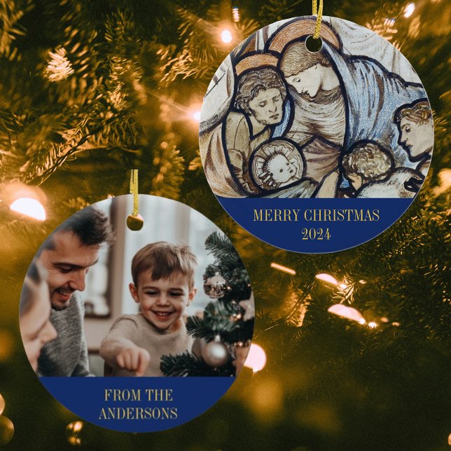 Ornamento De Cerâmica Feliz Natal Natividade Religiosa Foto Cristã (Modern Elegant Blue Merry Christmas Nativity Scene Religious Christian Catholic Photo Ornament)